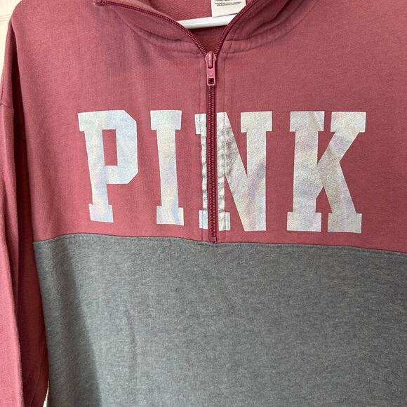 Victoria’s Secret PINK Quarter Zip Pullover Sweatshirt Size S Pink/Gray Logo - Picture 5 of 8
